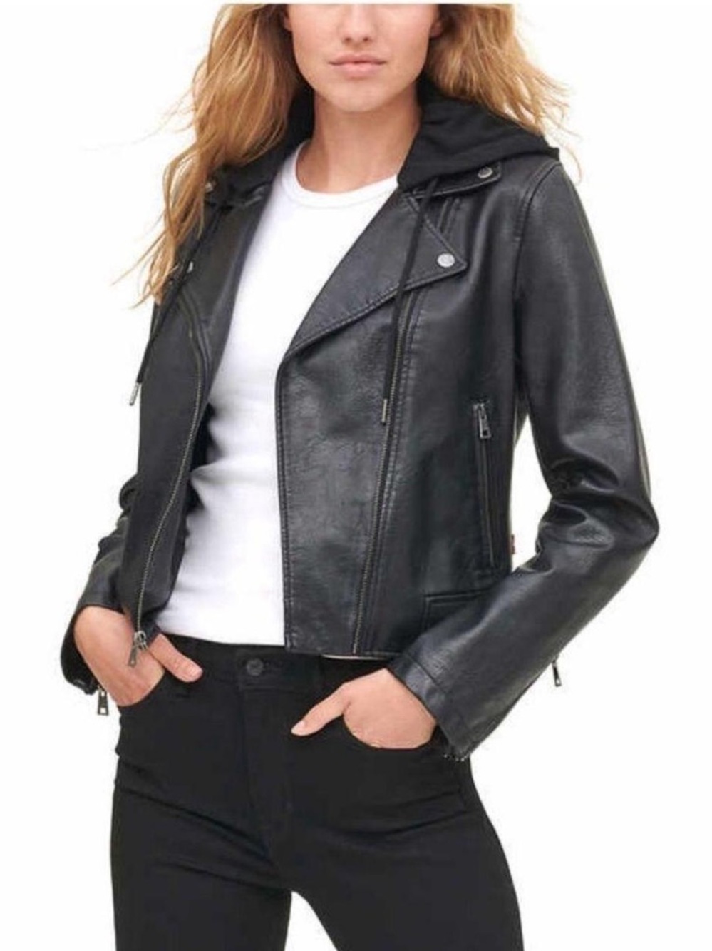Levi’s | Women’s Black Hooded Faux Leather Zip Front Snap Lapel Moto Jacket Sz L